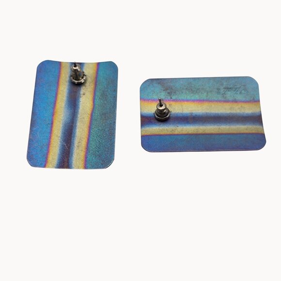 Modernist Metallic Stripe Earrings Blue Gold Geometric Aluminum Art Retro Stmt - Picture 4 of 9